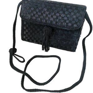 MAGID Black Beaded Cross-Body Handbag Tassel Snap Closure #03